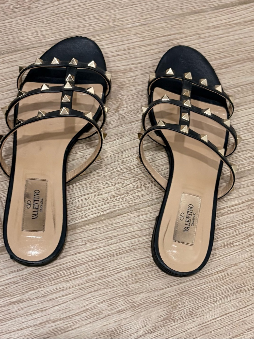 Valentino Garavani Black Leather Rockstud Multi-Strap Slide Mules